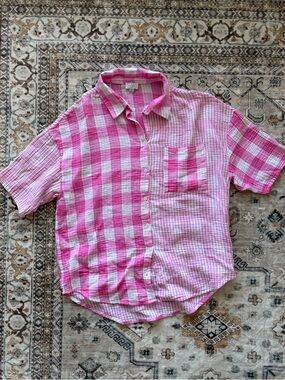 Mud Pie Pink Check Short-Sleeve Button-Up Shirt